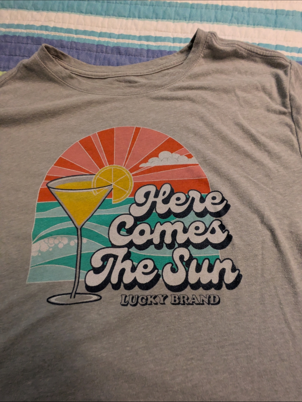Lucky Brand "Here Comes The Sun" Graphic Tee - Light Gray with Sunset Colors